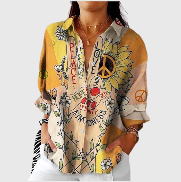 Annabelle | Mustard Sunflower Peace Novelty Blouse