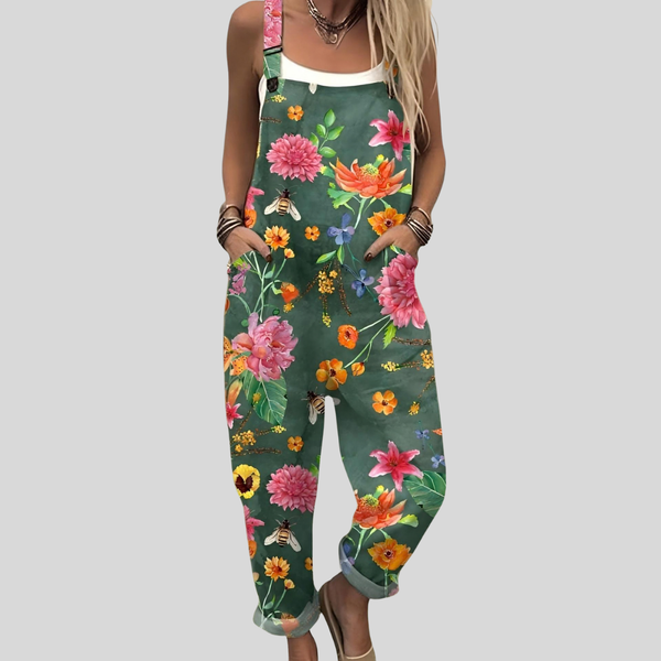 Sarah | Floral Dungarees Petrol Green